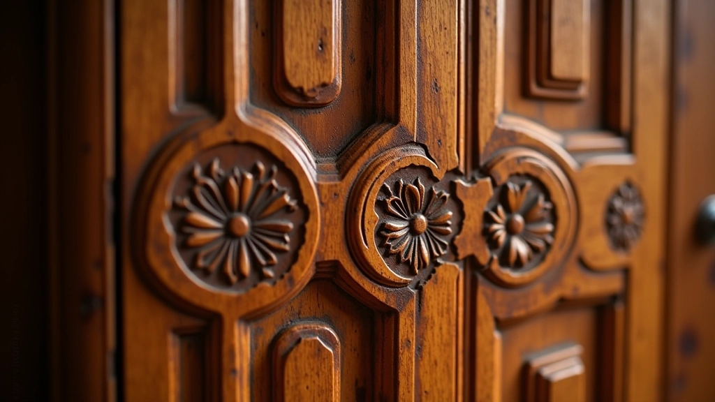 Išsamus medžio ornamentų ir dekoratyvinių elementų pavyzdys
