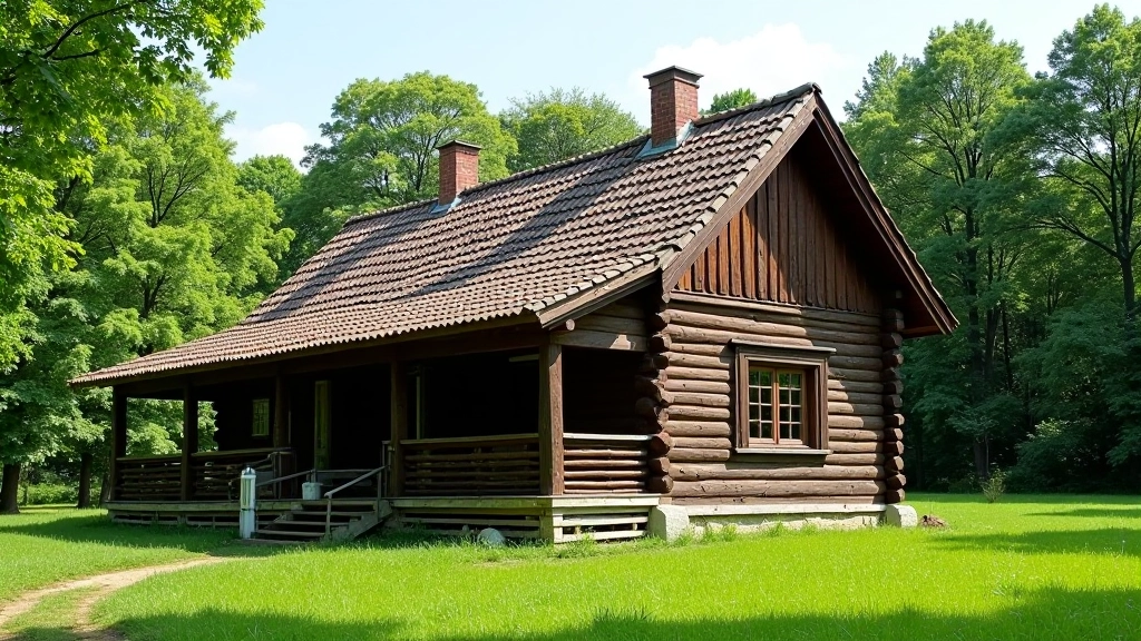 Sena medinė sodyba su tradicine architektūra ir žaliomis bešeimomis